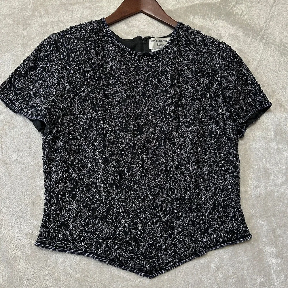Adrianna Papell Silk‎ Top Formal Black Beaded Medium Embellished Zip Fairy Goth